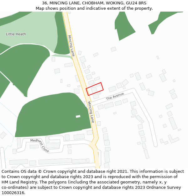 36, MINCING LANE, CHOBHAM, WOKING, GU24 8RS: Location map and indicative extent of plot