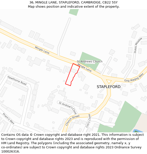 36, MINGLE LANE, STAPLEFORD, CAMBRIDGE, CB22 5SY: Location map and indicative extent of plot