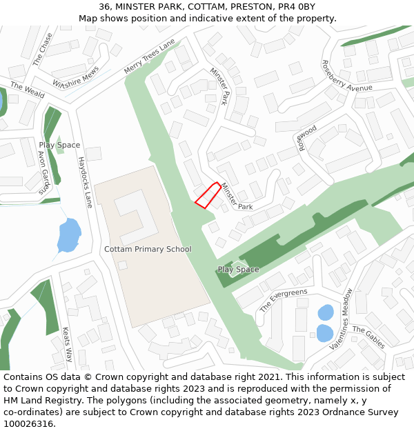 36, MINSTER PARK, COTTAM, PRESTON, PR4 0BY: Location map and indicative extent of plot