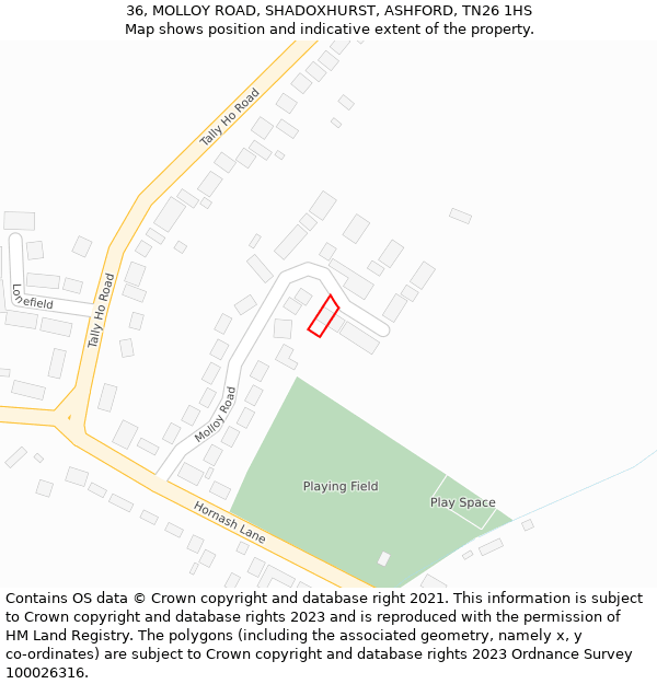 36, MOLLOY ROAD, SHADOXHURST, ASHFORD, TN26 1HS: Location map and indicative extent of plot