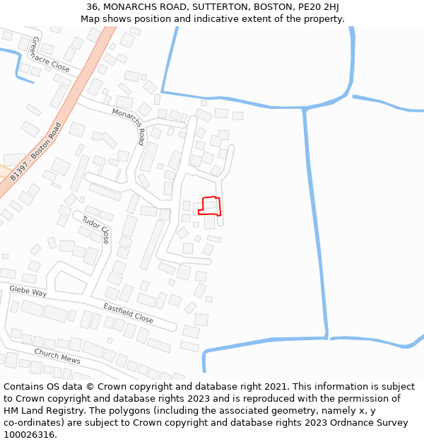 36, MONARCHS ROAD, SUTTERTON, BOSTON, PE20 2HJ: Location map and indicative extent of plot