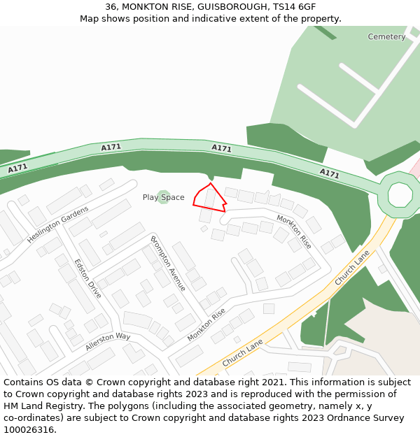 36, MONKTON RISE, GUISBOROUGH, TS14 6GF: Location map and indicative extent of plot