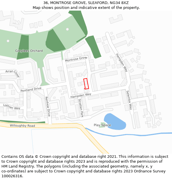 36, MONTROSE GROVE, SLEAFORD, NG34 8XZ: Location map and indicative extent of plot