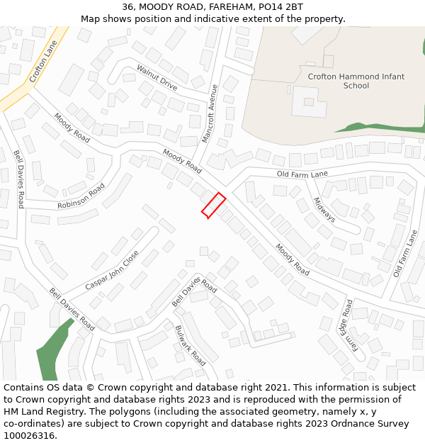 36, MOODY ROAD, FAREHAM, PO14 2BT: Location map and indicative extent of plot