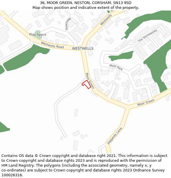 36, MOOR GREEN, NESTON, CORSHAM, SN13 9SD: Location map and indicative extent of plot