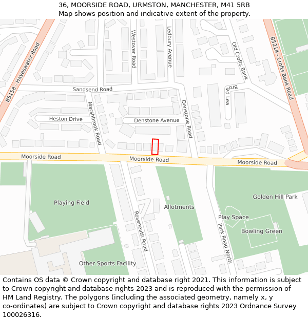 36, MOORSIDE ROAD, URMSTON, MANCHESTER, M41 5RB: Location map and indicative extent of plot