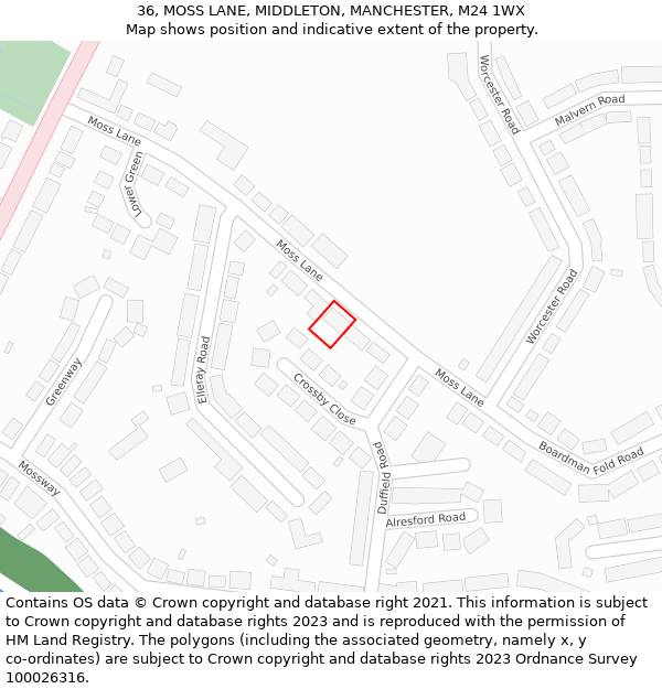 36, MOSS LANE, MIDDLETON, MANCHESTER, M24 1WX: Location map and indicative extent of plot