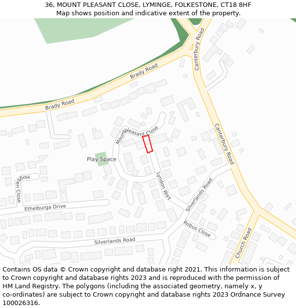 36, MOUNT PLEASANT CLOSE, LYMINGE, FOLKESTONE, CT18 8HF: Location map and indicative extent of plot