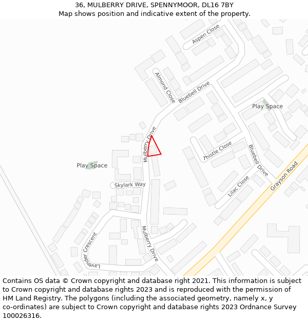 36, MULBERRY DRIVE, SPENNYMOOR, DL16 7BY: Location map and indicative extent of plot