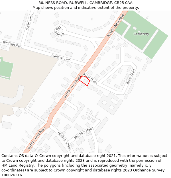 36, NESS ROAD, BURWELL, CAMBRIDGE, CB25 0AA: Location map and indicative extent of plot