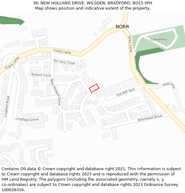 36, NEW HOLLAND DRIVE, WILSDEN, BRADFORD, BD15 0FH: Location map and indicative extent of plot