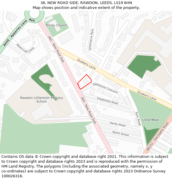 36, NEW ROAD SIDE, RAWDON, LEEDS, LS19 6HN: Location map and indicative extent of plot