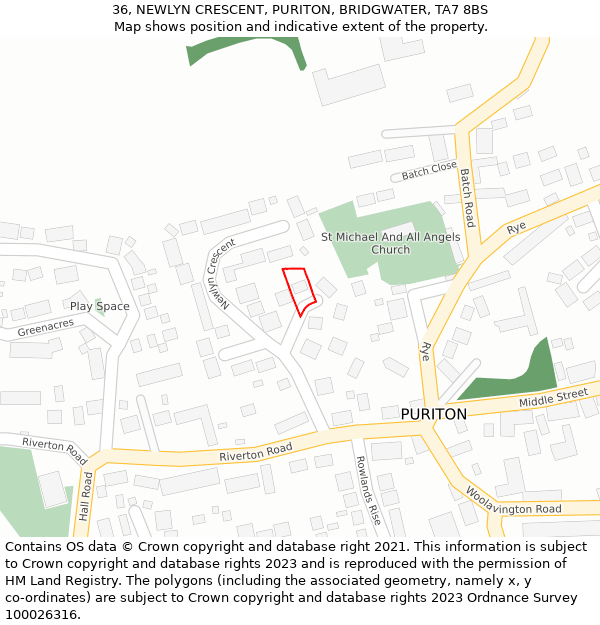 36, NEWLYN CRESCENT, PURITON, BRIDGWATER, TA7 8BS: Location map and indicative extent of plot