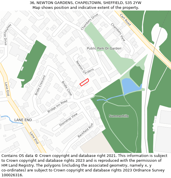 36, NEWTON GARDENS, CHAPELTOWN, SHEFFIELD, S35 2YW: Location map and indicative extent of plot