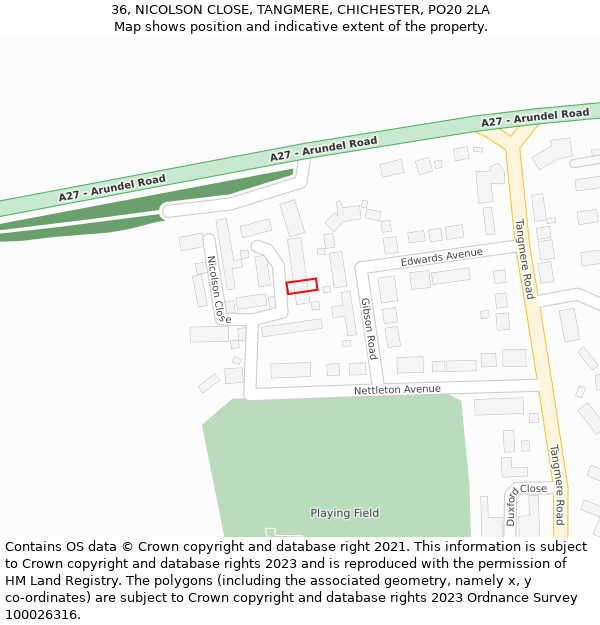 36, NICOLSON CLOSE, TANGMERE, CHICHESTER, PO20 2LA: Location map and indicative extent of plot