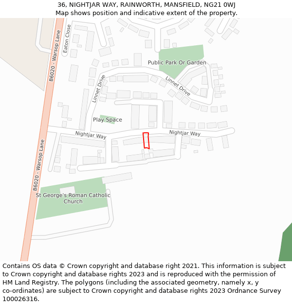 36, NIGHTJAR WAY, RAINWORTH, MANSFIELD, NG21 0WJ: Location map and indicative extent of plot