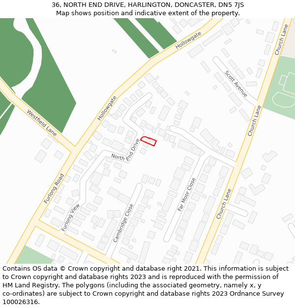 36, NORTH END DRIVE, HARLINGTON, DONCASTER, DN5 7JS: Location map and indicative extent of plot