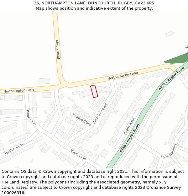 36, NORTHAMPTON LANE, DUNCHURCH, RUGBY, CV22 6PS: Location map and indicative extent of plot