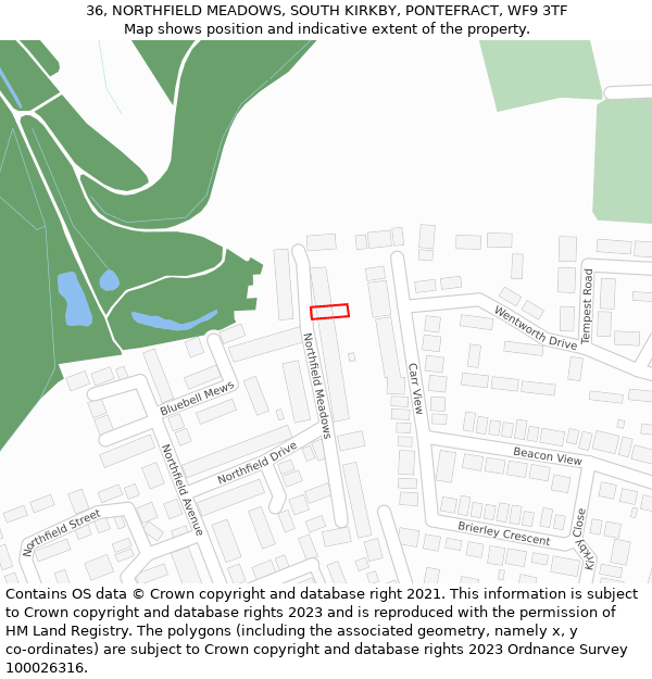 36, NORTHFIELD MEADOWS, SOUTH KIRKBY, PONTEFRACT, WF9 3TF: Location map and indicative extent of plot