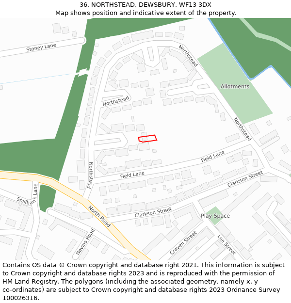 36, NORTHSTEAD, DEWSBURY, WF13 3DX: Location map and indicative extent of plot