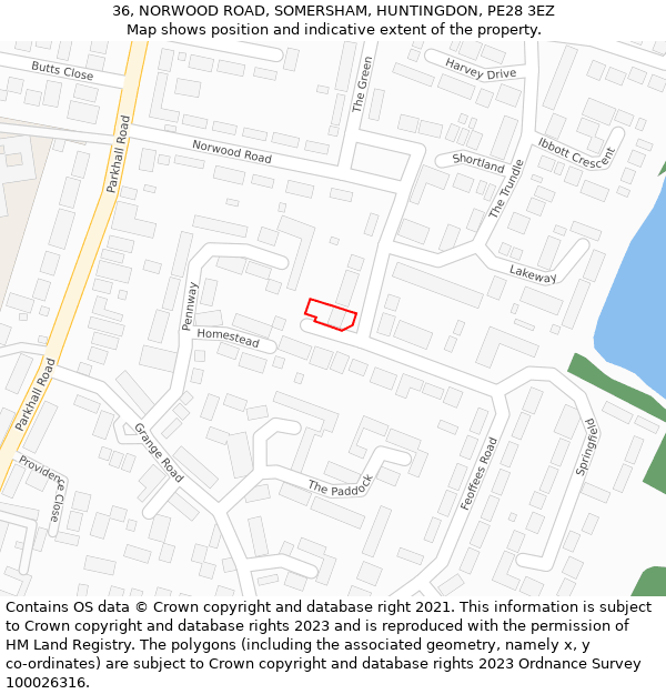 36, NORWOOD ROAD, SOMERSHAM, HUNTINGDON, PE28 3EZ: Location map and indicative extent of plot