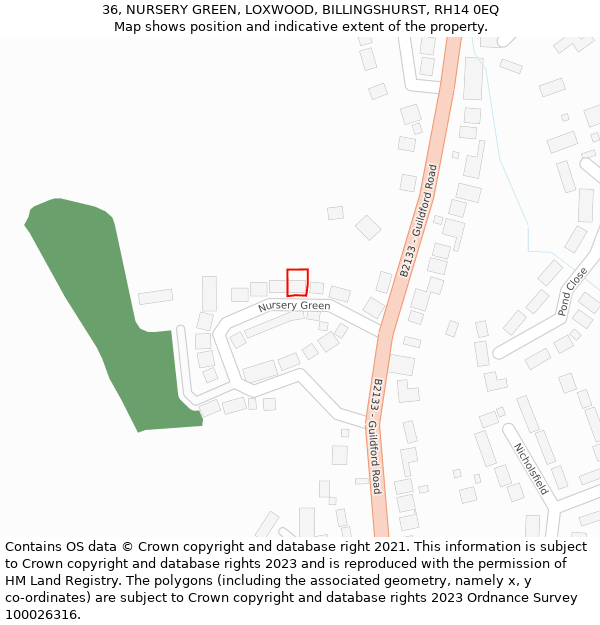 36, NURSERY GREEN, LOXWOOD, BILLINGSHURST, RH14 0EQ: Location map and indicative extent of plot