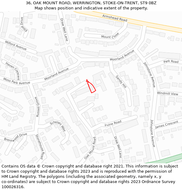 36, OAK MOUNT ROAD, WERRINGTON, STOKE-ON-TRENT, ST9 0BZ: Location map and indicative extent of plot