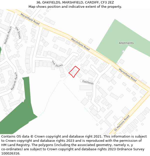 36, OAKFIELDS, MARSHFIELD, CARDIFF, CF3 2EZ: Location map and indicative extent of plot