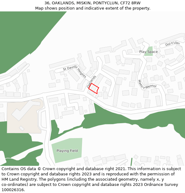 36, OAKLANDS, MISKIN, PONTYCLUN, CF72 8RW: Location map and indicative extent of plot