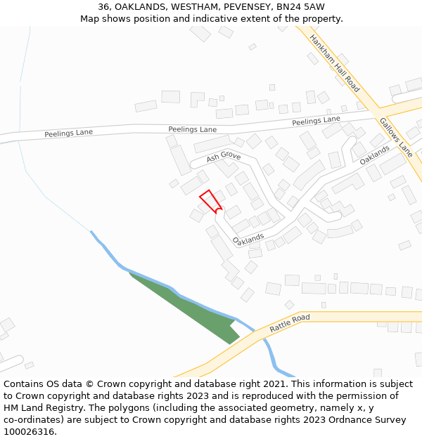 36, OAKLANDS, WESTHAM, PEVENSEY, BN24 5AW: Location map and indicative extent of plot
