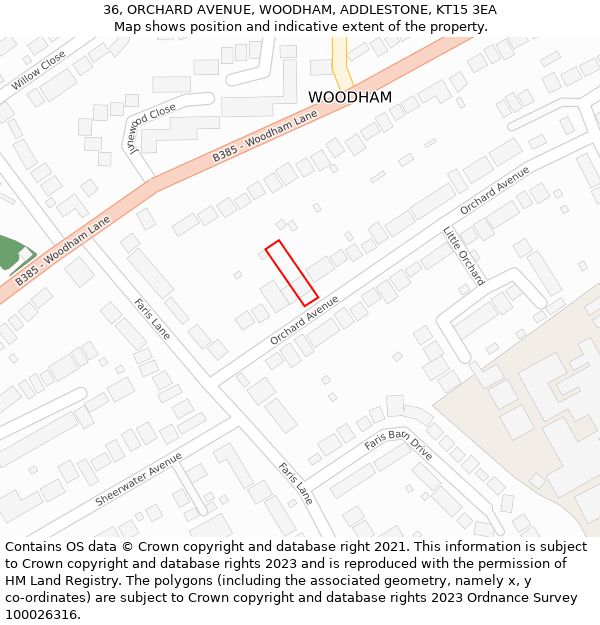 36, ORCHARD AVENUE, WOODHAM, ADDLESTONE, KT15 3EA: Location map and indicative extent of plot