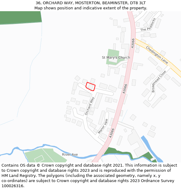 36, ORCHARD WAY, MOSTERTON, BEAMINSTER, DT8 3LT: Location map and indicative extent of plot