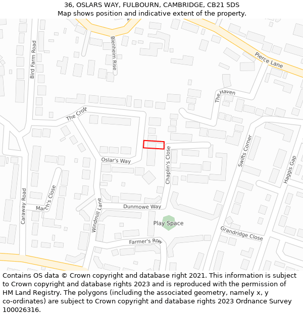 36, OSLARS WAY, FULBOURN, CAMBRIDGE, CB21 5DS: Location map and indicative extent of plot