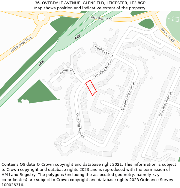 36, OVERDALE AVENUE, GLENFIELD, LEICESTER, LE3 8GP: Location map and indicative extent of plot