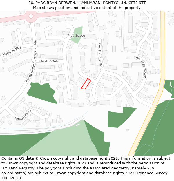 36, PARC BRYN DERWEN, LLANHARAN, PONTYCLUN, CF72 9TT: Location map and indicative extent of plot