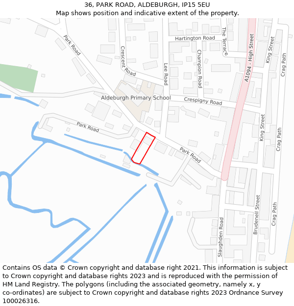 36, PARK ROAD, ALDEBURGH, IP15 5EU: Location map and indicative extent of plot