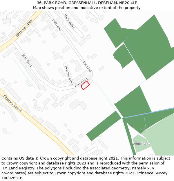 36, PARK ROAD, GRESSENHALL, DEREHAM, NR20 4LP: Location map and indicative extent of plot