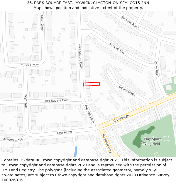 36, PARK SQUARE EAST, JAYWICK, CLACTON-ON-SEA, CO15 2NN: Location map and indicative extent of plot