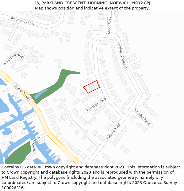 36, PARKLAND CRESCENT, HORNING, NORWICH, NR12 8PJ: Location map and indicative extent of plot