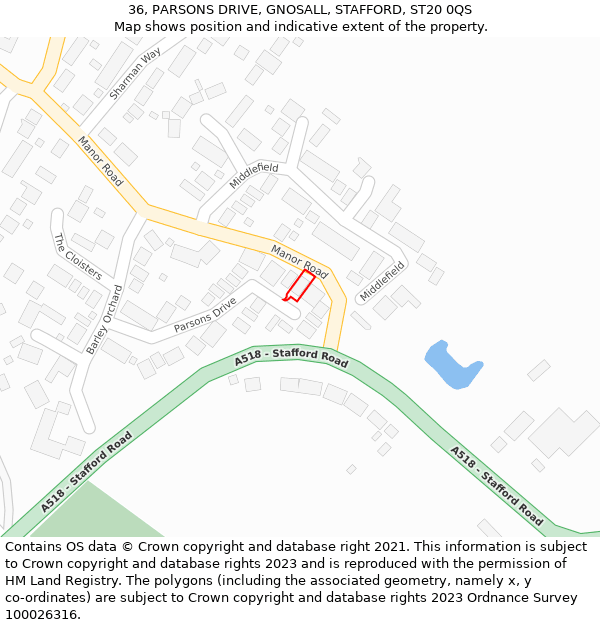 36, PARSONS DRIVE, GNOSALL, STAFFORD, ST20 0QS: Location map and indicative extent of plot