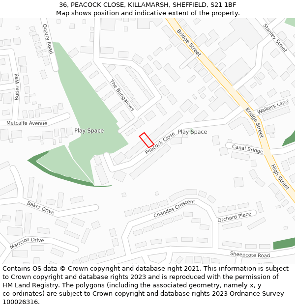 36, PEACOCK CLOSE, KILLAMARSH, SHEFFIELD, S21 1BF: Location map and indicative extent of plot