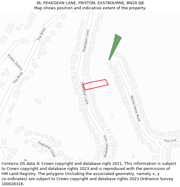 36, PEAKDEAN LANE, FRISTON, EASTBOURNE, BN20 0JE: Location map and indicative extent of plot