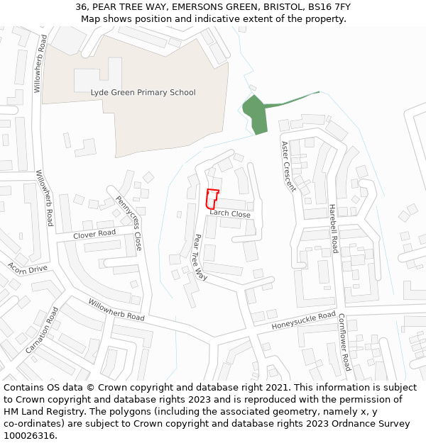 36, PEAR TREE WAY, EMERSONS GREEN, BRISTOL, BS16 7FY: Location map and indicative extent of plot