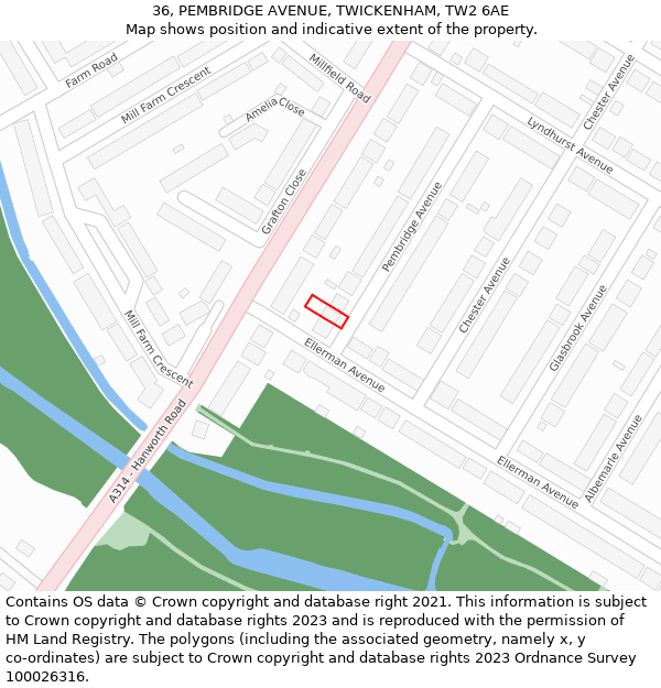 36, PEMBRIDGE AVENUE, TWICKENHAM, TW2 6AE: Location map and indicative extent of plot