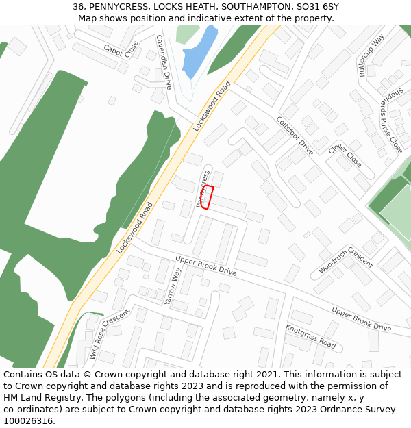 36, PENNYCRESS, LOCKS HEATH, SOUTHAMPTON, SO31 6SY: Location map and indicative extent of plot