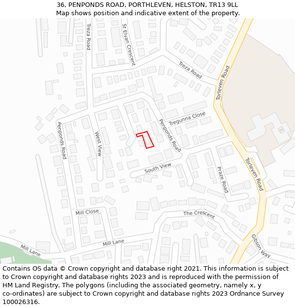 36, PENPONDS ROAD, PORTHLEVEN, HELSTON, TR13 9LL: Location map and indicative extent of plot