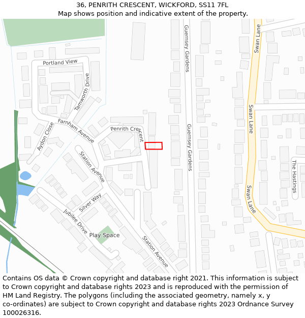 36, PENRITH CRESCENT, WICKFORD, SS11 7FL: Location map and indicative extent of plot