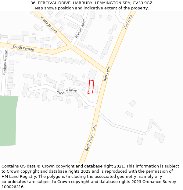 36, PERCIVAL DRIVE, HARBURY, LEAMINGTON SPA, CV33 9GZ: Location map and indicative extent of plot