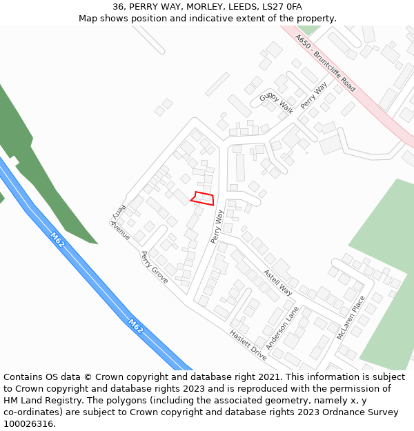 36, PERRY WAY, MORLEY, LEEDS, LS27 0FA: Location map and indicative extent of plot