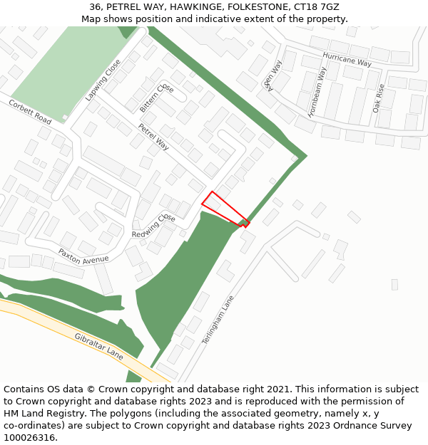 36, PETREL WAY, HAWKINGE, FOLKESTONE, CT18 7GZ: Location map and indicative extent of plot